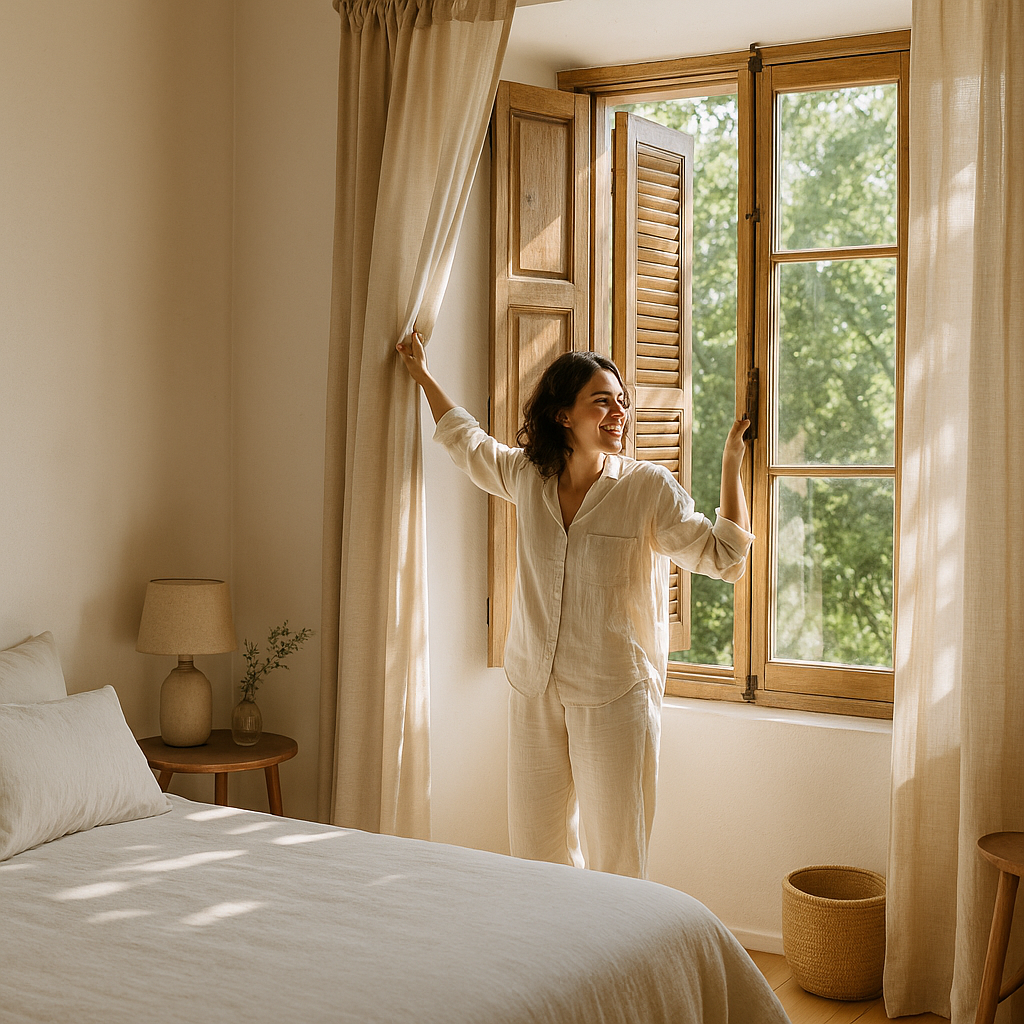 Calm bedroom using eco friendly window treatments to control light and temperature