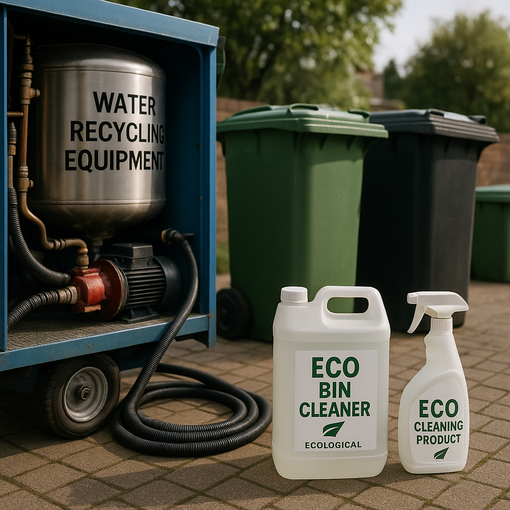 Modern bin cleaning equipment and green-labelled products used for eco friendly bin cleaning outside a home.