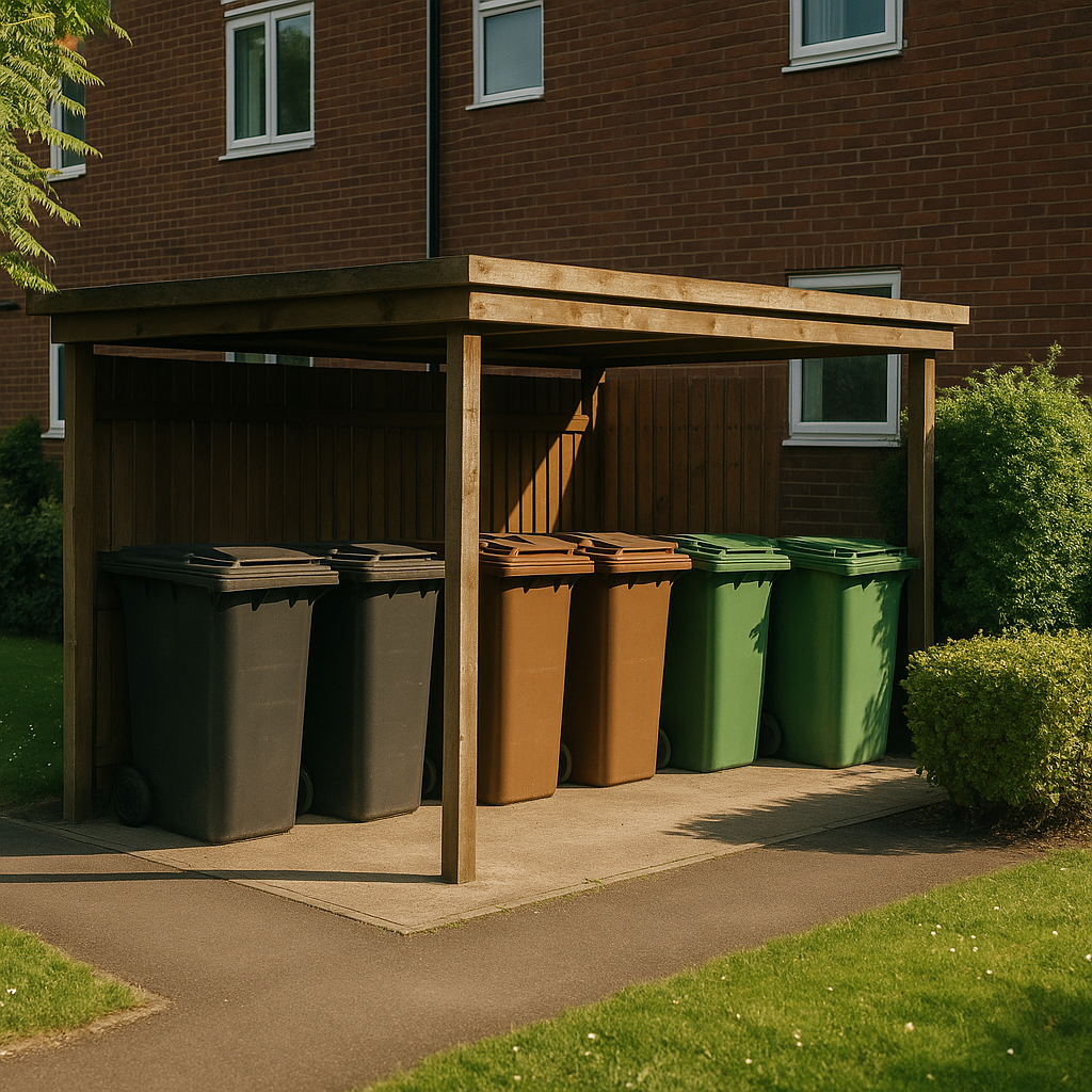 Tidy shared bin store at a block of flats after eco friendly bin cleaning with clean, organised containers.