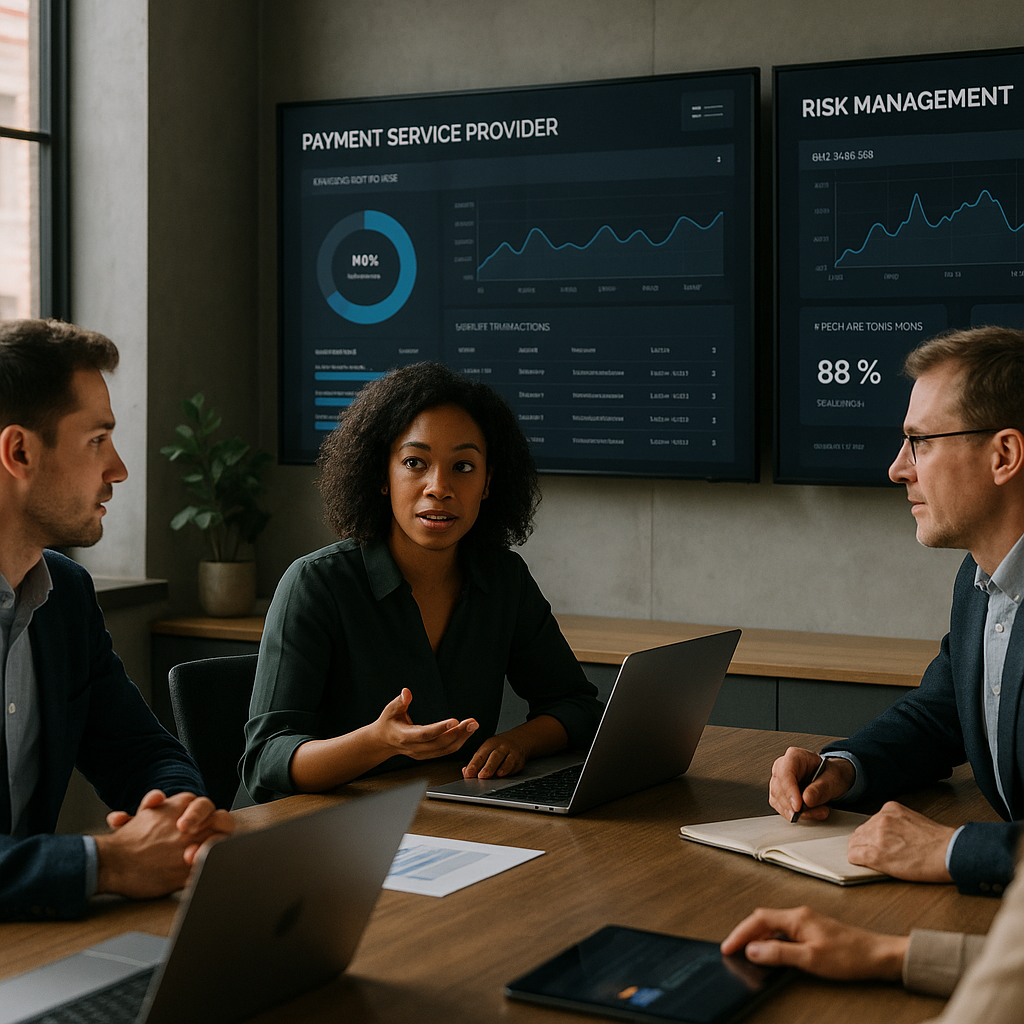 Team of specialists discussing risk tools for high-risk merchant accounts in a modern meeting room.