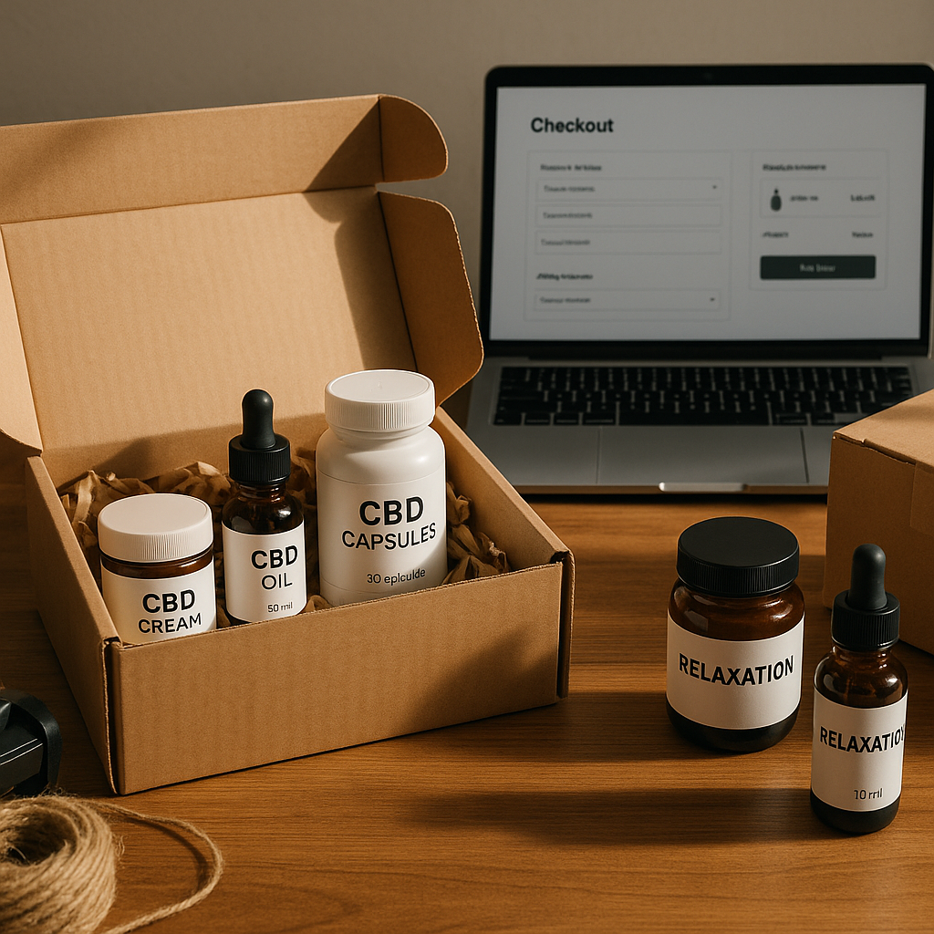 Ecommerce CBD products being prepared for dispatch with online checkout managed through high-risk merchant accounts.