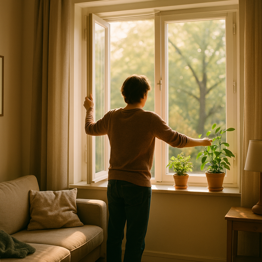 Person opening a window to improve indoor air quality and wellbeing in a cosy flat
