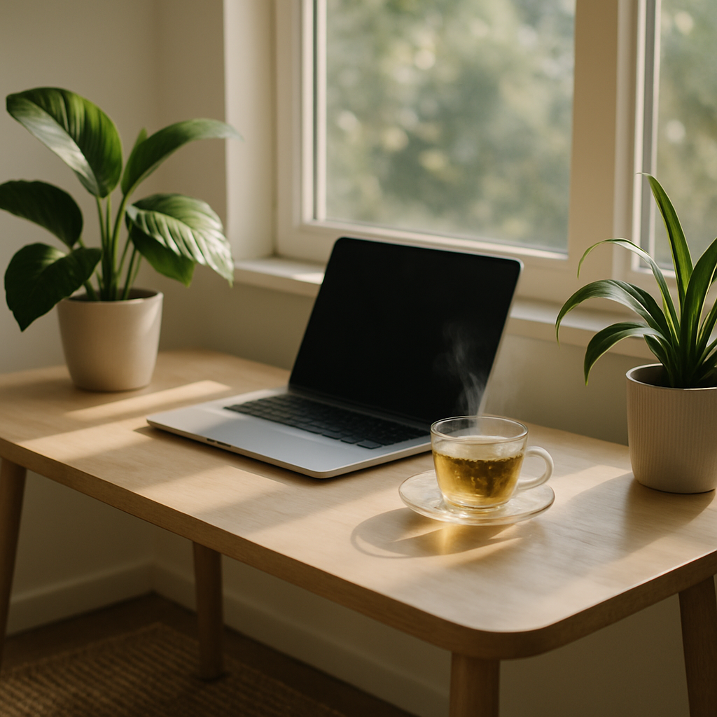 Bright indoor workspace with plants and herbal drink as planet friendly mood boosters