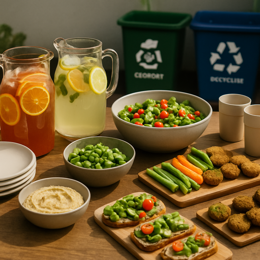 Table with plant based snacks and big batch drinks prepared for a low waste house party