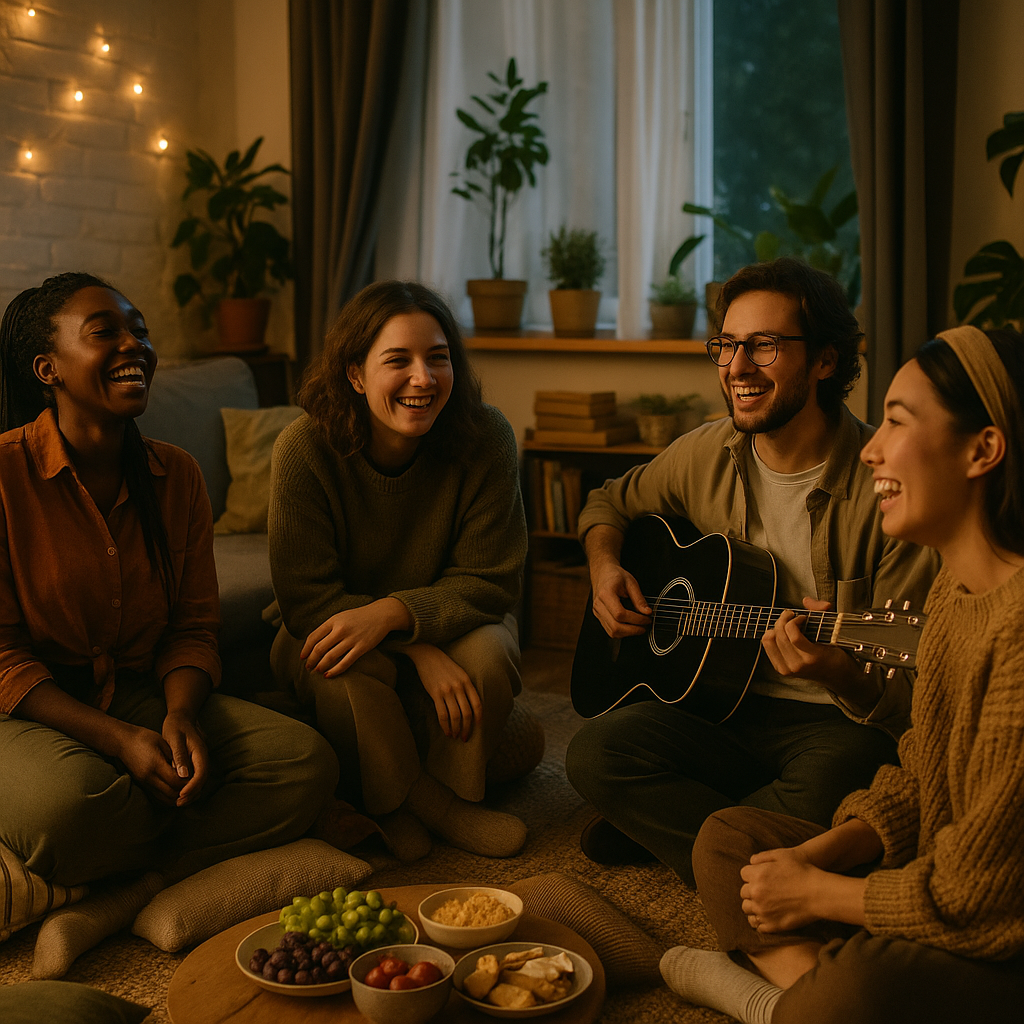 Cosy living room setup with relaxed ambience for a low waste house party
