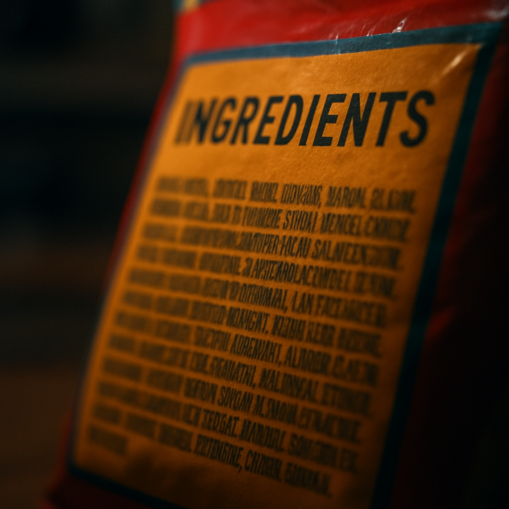 Close-up of an ultra-processed food ingredients label with a long list of additives