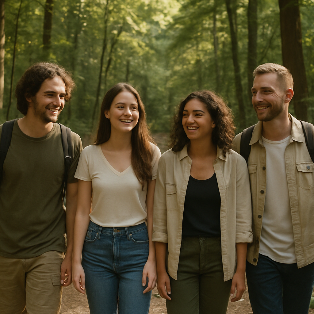 Friends walking through a forest trail enjoying eco wellness in nature