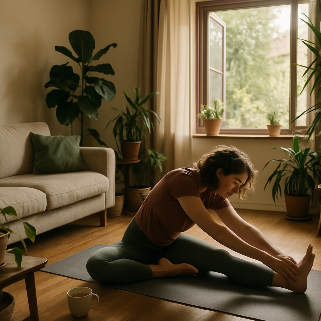 Calm living room with plants where someone practises eco wellness with gentle stretching