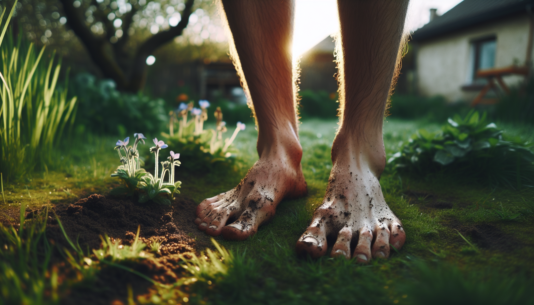 Bare feet on green grass close-up showing the nature de-stress technique of barefoot grounding