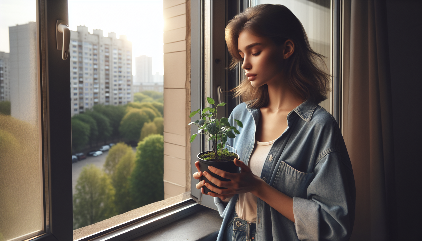Woman tending a houseplant by an open window as a simple nature de-stress practice at home