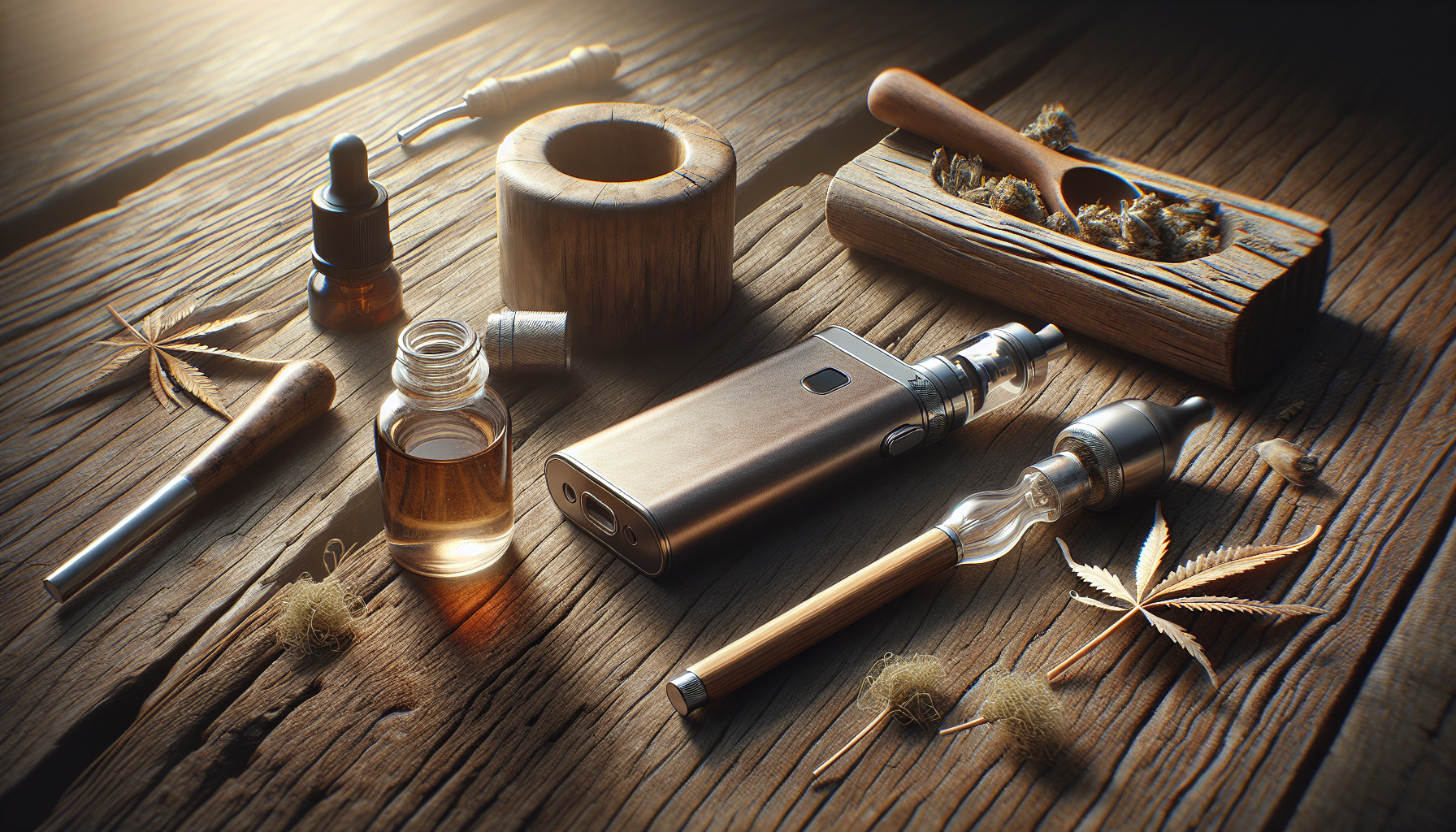 Close-up of reusable eco-friendly smoking accessories including a refillable vape and bamboo ashtray