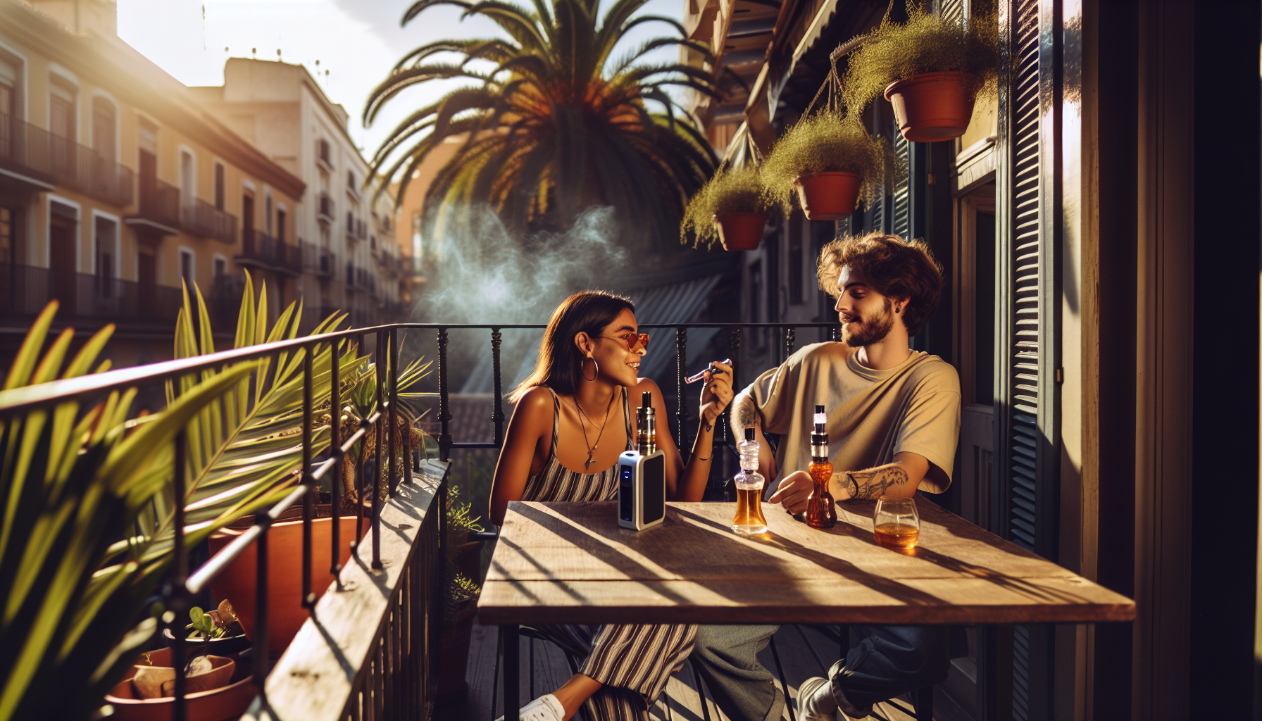 Two friends enjoying eco-friendly smoking alternatives outdoors on a sunny balcony surrounded by plants