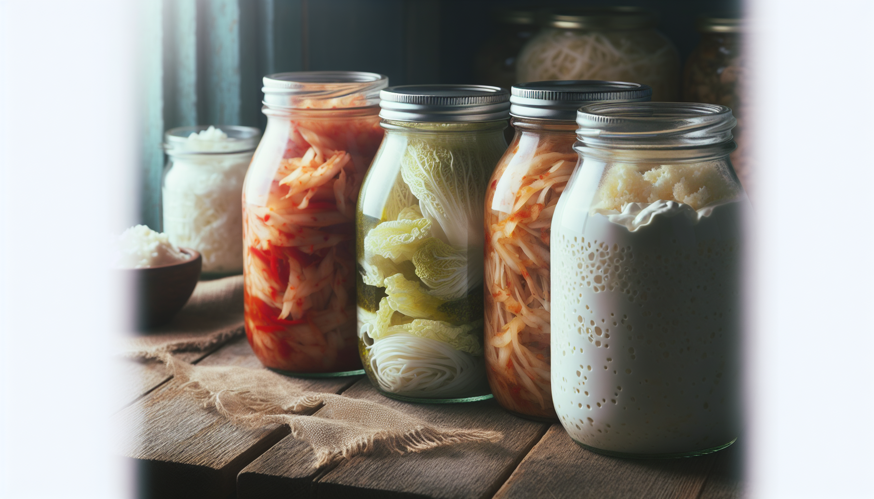Close-up of fermented foods in jars on a wooden surface - key foods for gut microbiome health