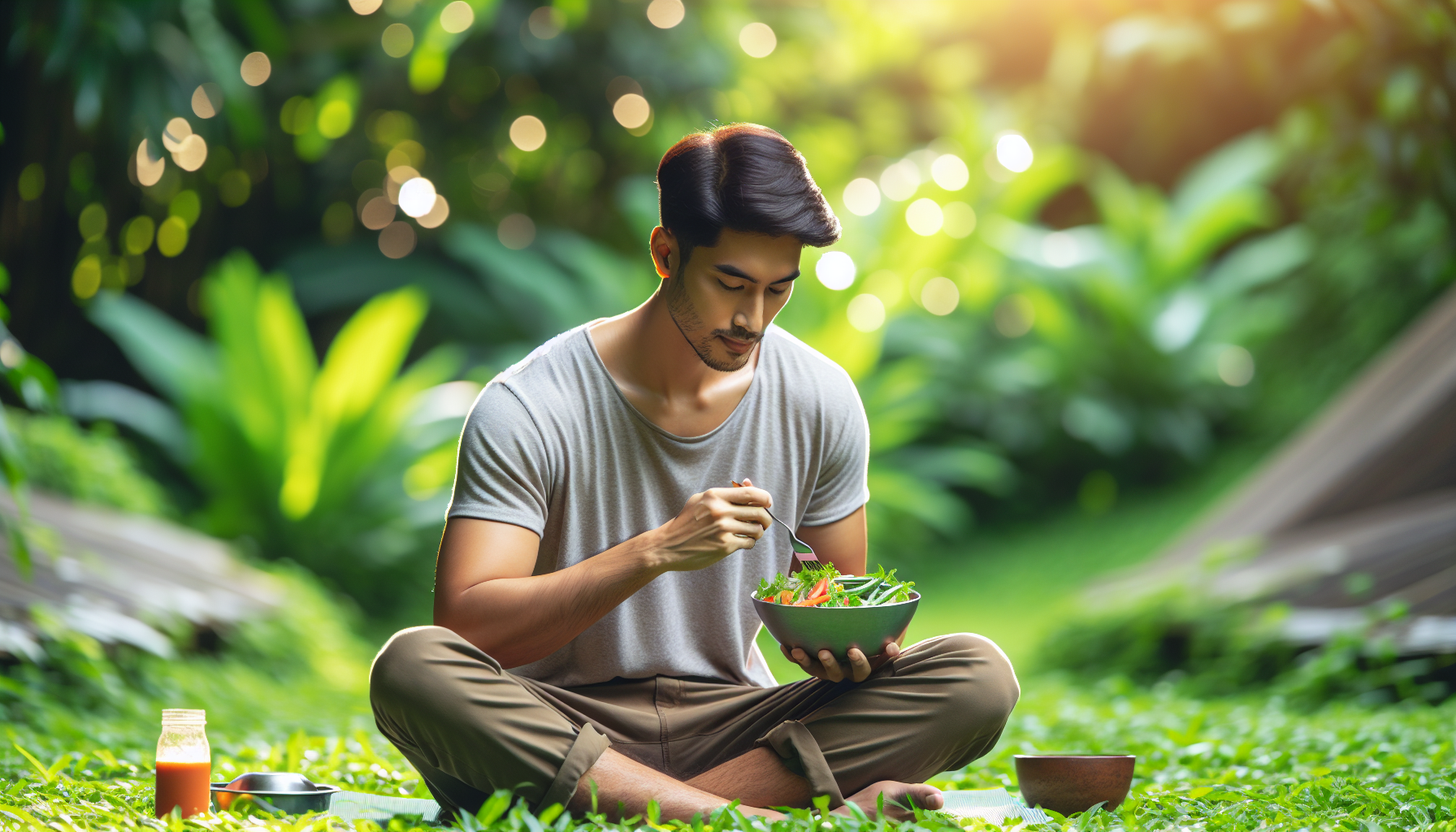 Relaxed man eating plant-based food outdoors in nature as part of a gut microbiome health lifestyle