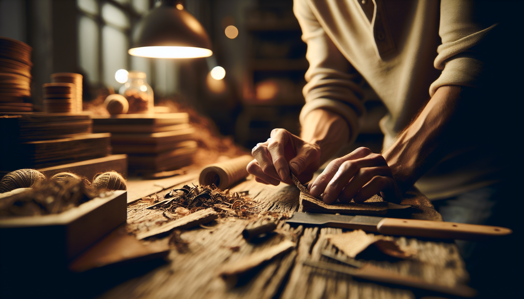 Close-up of hands assembling a product using reclaimed materials as part of a sustainable manufacturing process
