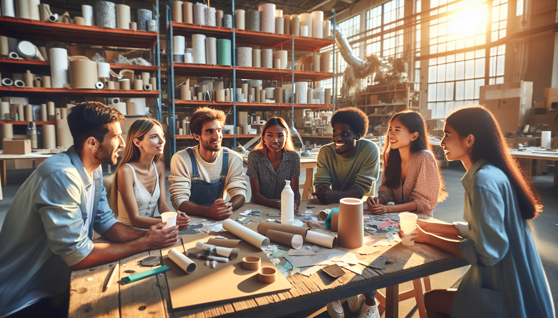 Young designers reviewing sustainable manufacturing material samples and product prototypes in a bright workshop