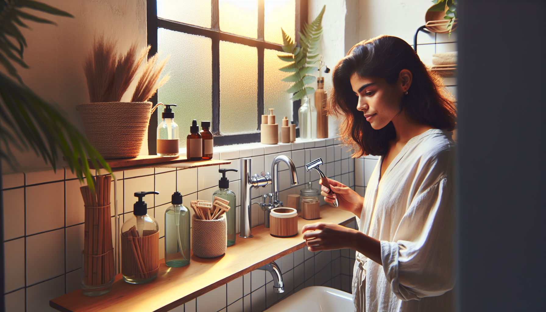 A young woman exploring eco-friendly bathroom swaps on her bathroom shelf in warm golden morning light