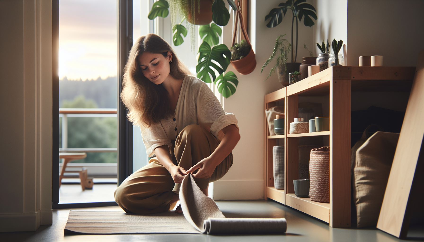 Young woman placing a draft stopper in her eco-friendly rental flat hallway surrounded by plants