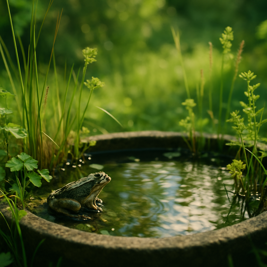 A close-up of a small garden wildlife pond with a frog, a key element of rewilding your garden for biodiversity