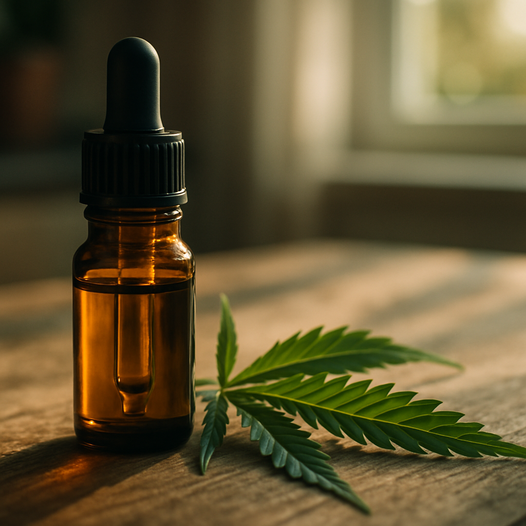 Amber CBD oil dropper bottle beside hemp leaves illustrating CBD oil benefits 2026