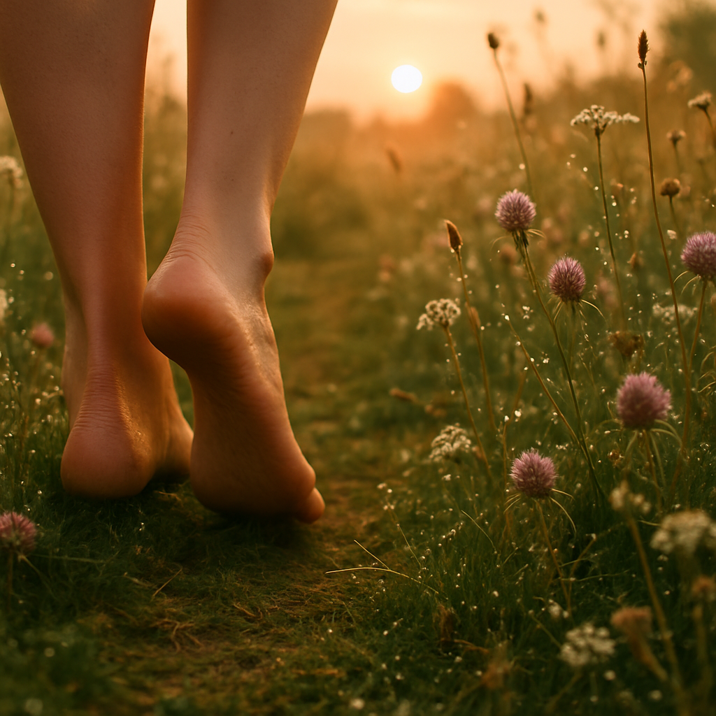 Bare feet walking through a dewy meadow representing the grounded nature of a slow living routine