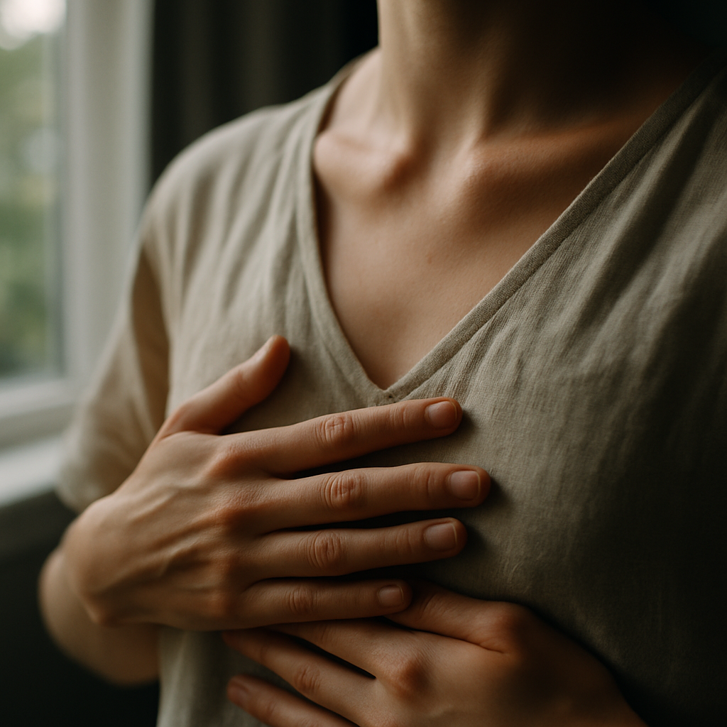Close-up detail of breathwork for beginners hand placement on chest during breathing exercise