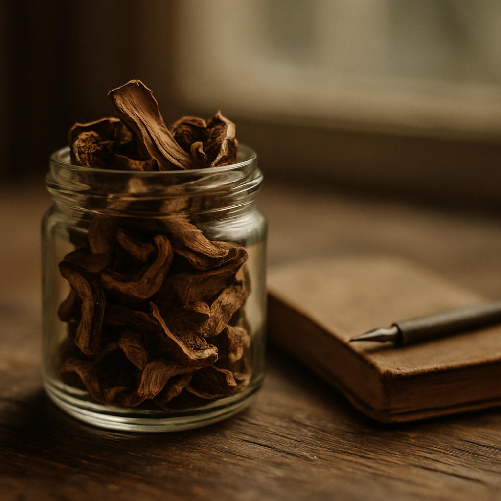 Close-up of dried mushroom preparation on a wooden desk representing a psilocybin microdosing routine