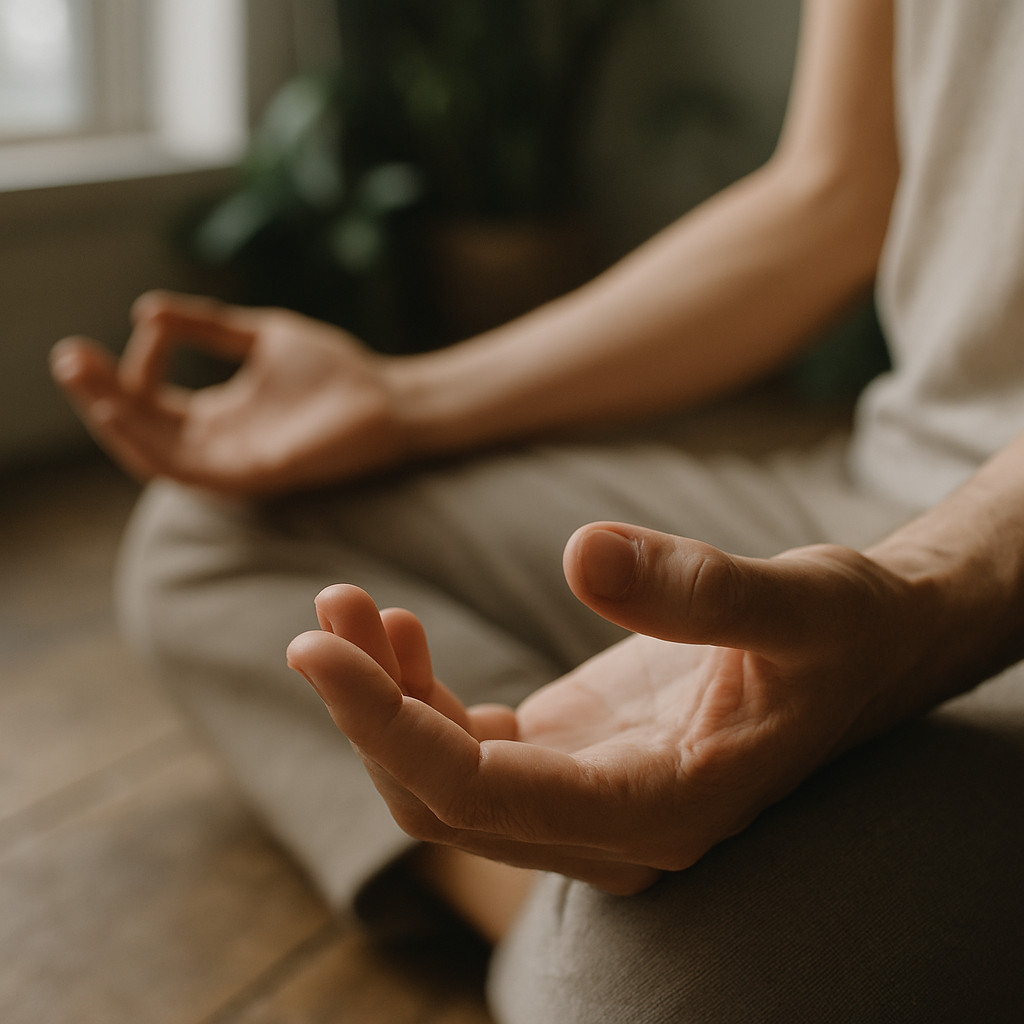 Close-up of hands in a relaxed meditation pose, capturing the essence of easy meditation for beginners