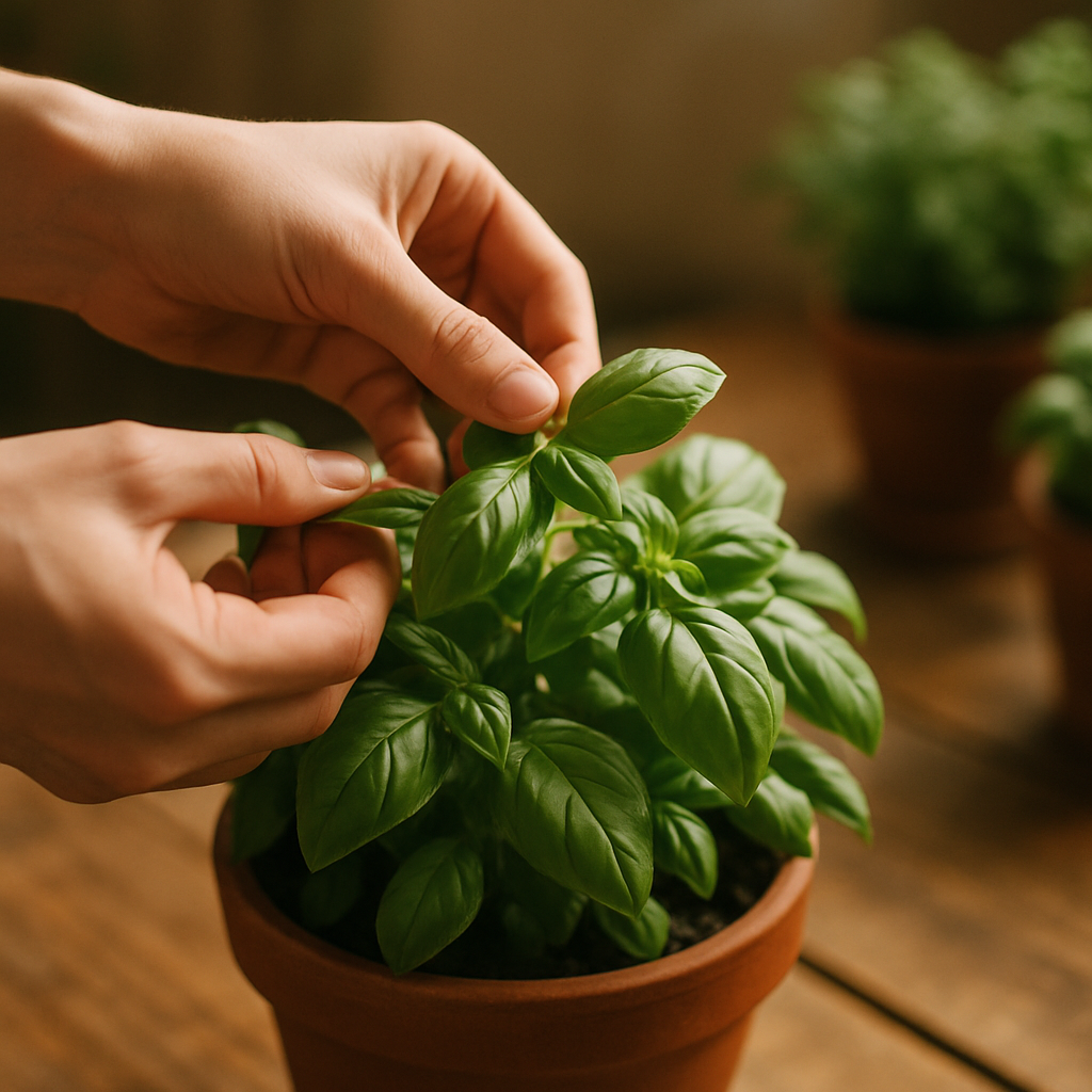 Close-up of harvesting basil, one of the easiest herbs to grow at home