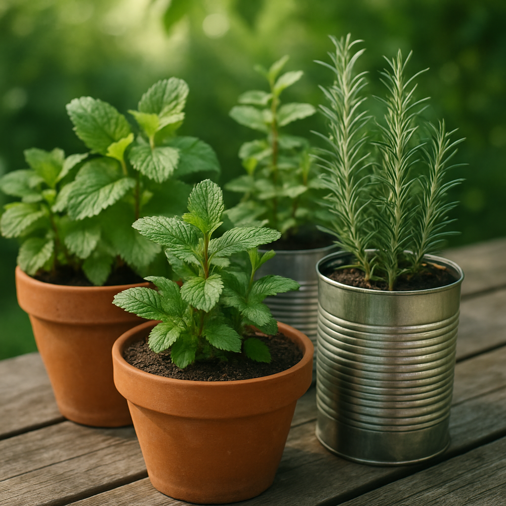Close-up of herb container planters on decking as part of relaxing outdoor space ideas