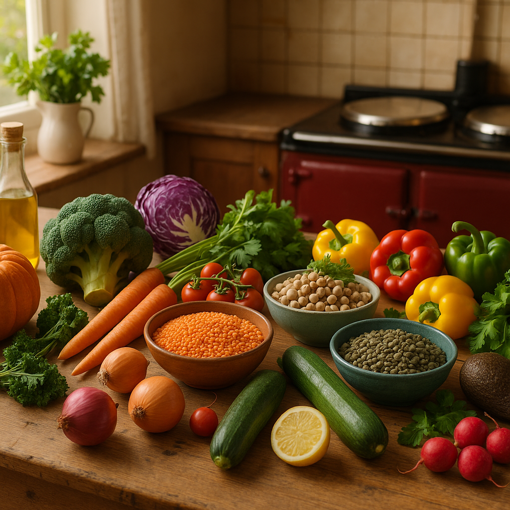 Colourful spread of plant-based whole foods on a kitchen table, ideal for an easy plant based diet beginners guide