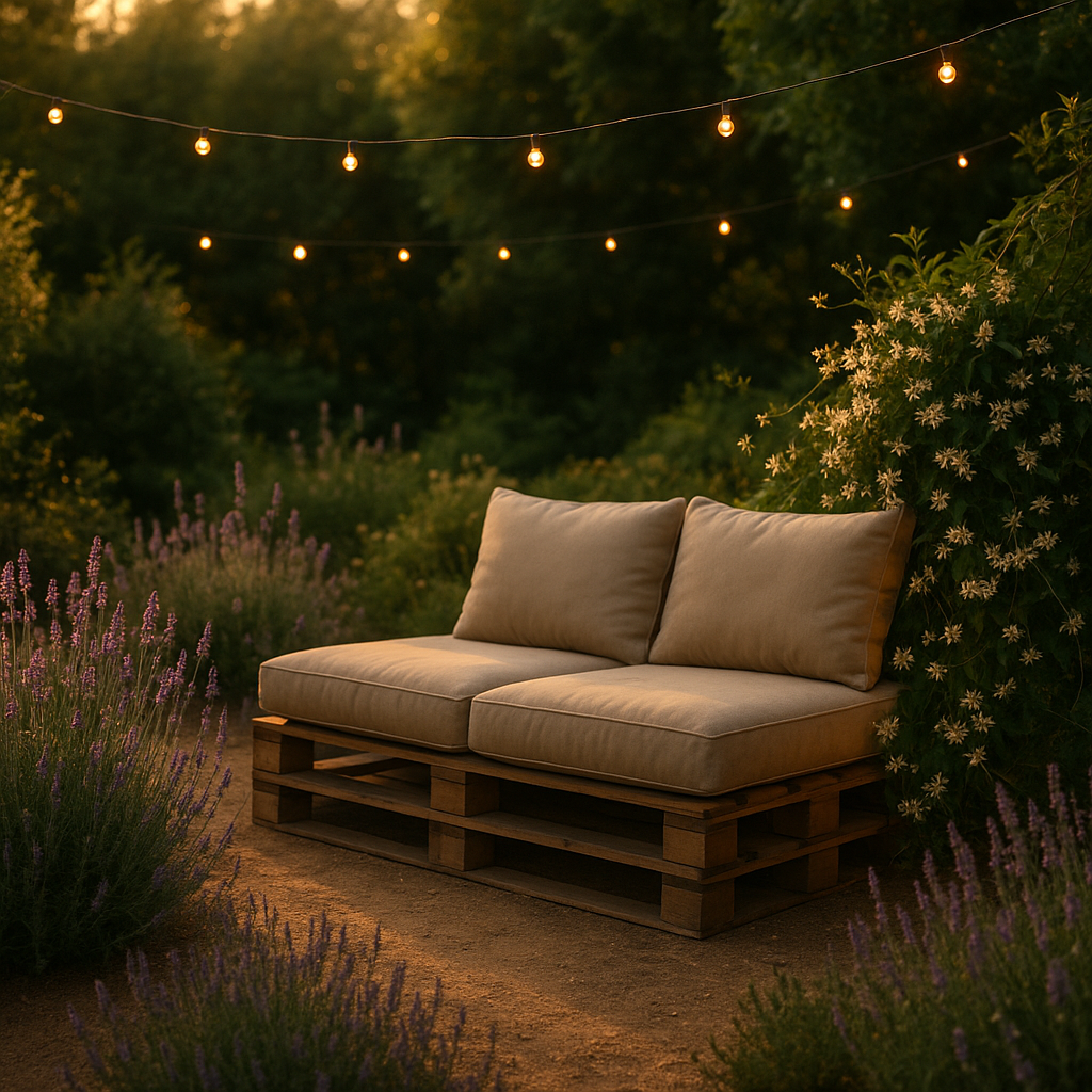 Golden hour garden sanctuary showcasing relaxing outdoor space ideas with pallet sofa and lavender plants