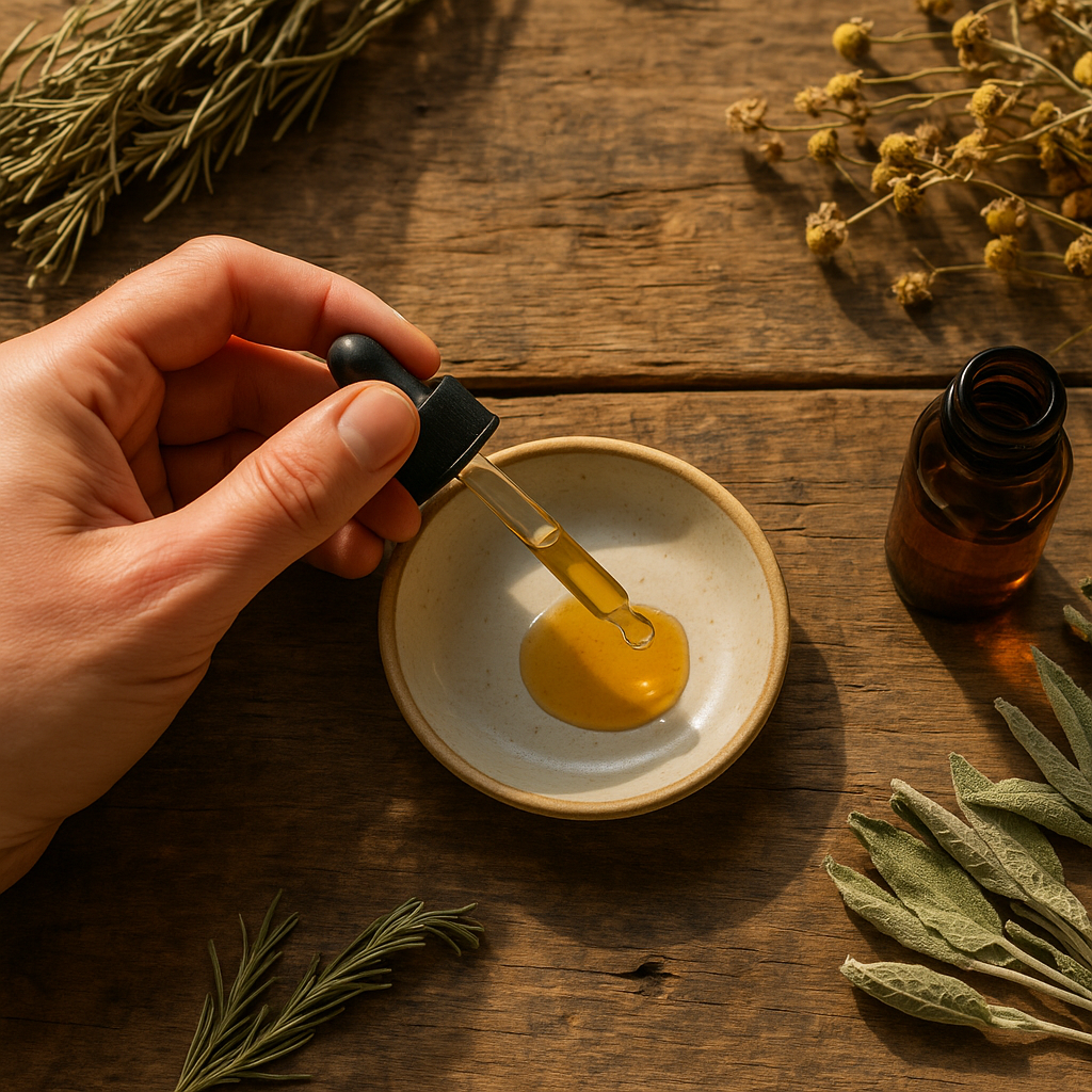 Hand using CBD oil dropper showing how to take CBD oil for wellness benefits