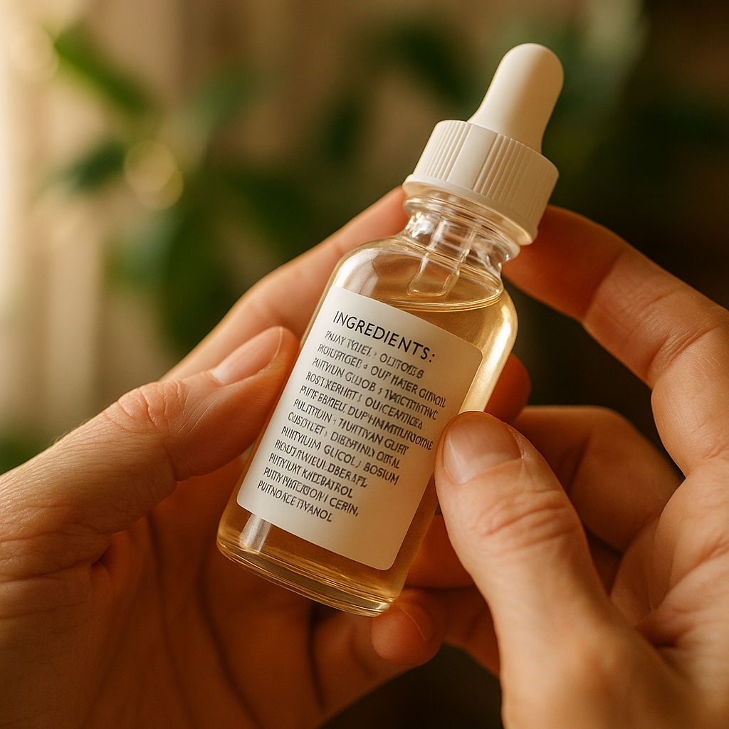 Hands reading skincare ingredient list — checking for eco friendly skincare greenwashing in product labelling