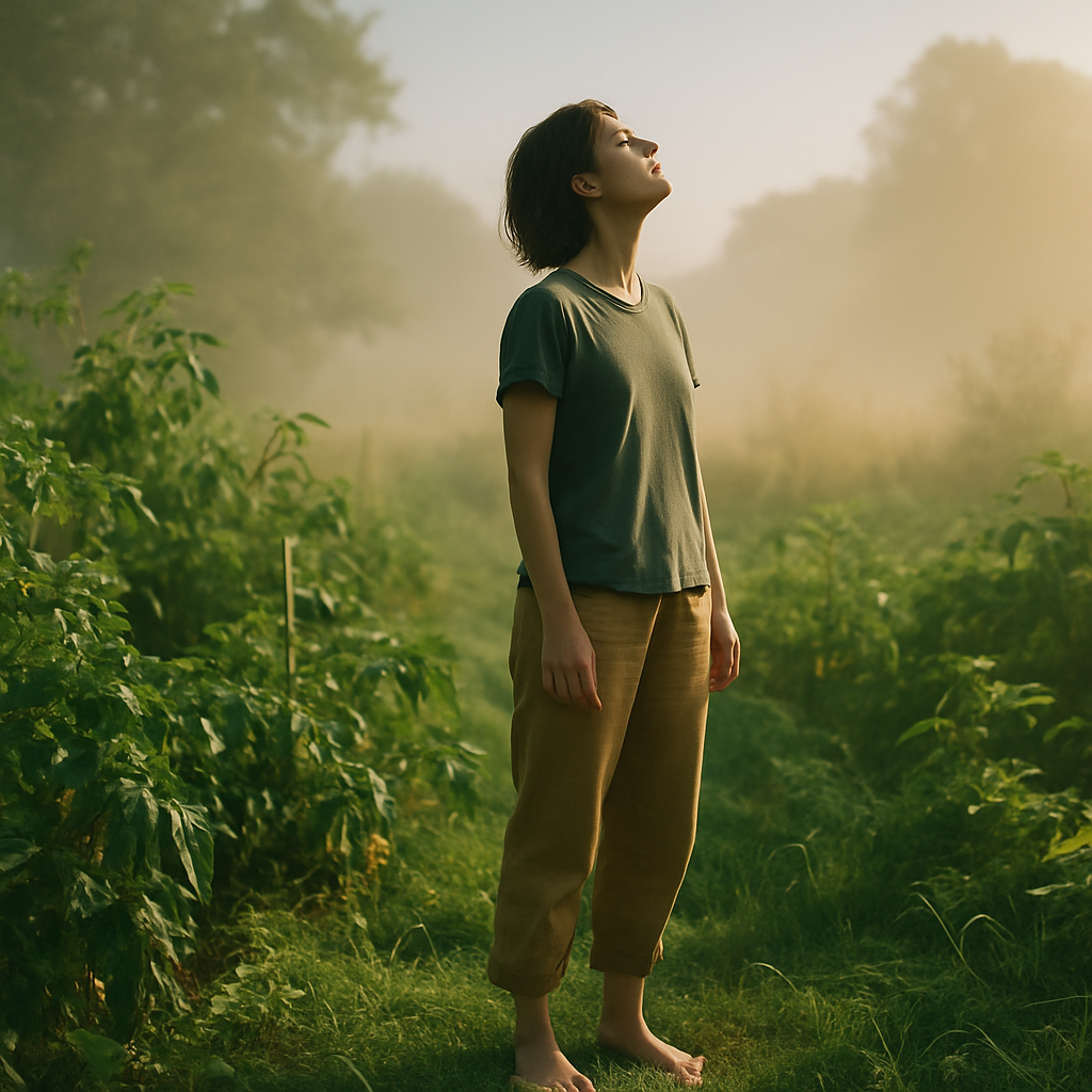 Person absorbing natural light cycles and sleep cues in a dewy garden at golden hour sunrise