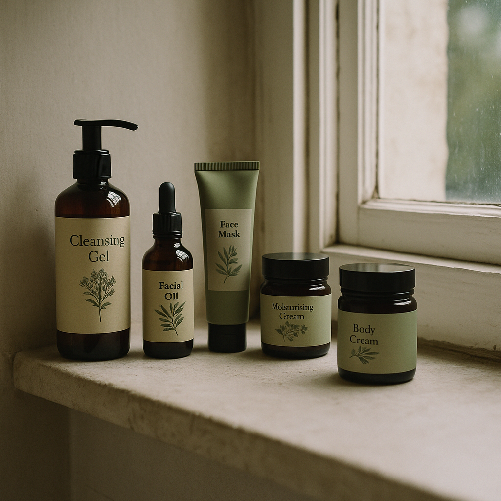 Skincare products on a bathroom shelf — a closer look at eco friendly skincare greenwashing on packaging labels
