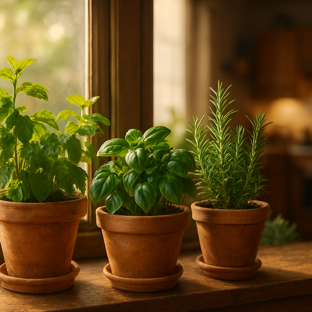 Terracotta pots of easy herbs to grow at home on a sunny kitchen windowsill