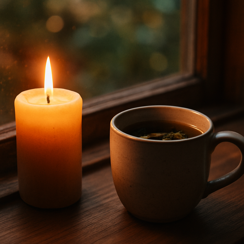 Warm candle and herbal tea on a windowsill at dusk illustrating a natural light cycles and sleep evening routine