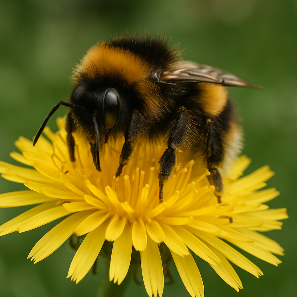 Bumblebee on a dandelion in a UK garden, a pollinator threatened by garden weedkillers harm wildlife UK concerns