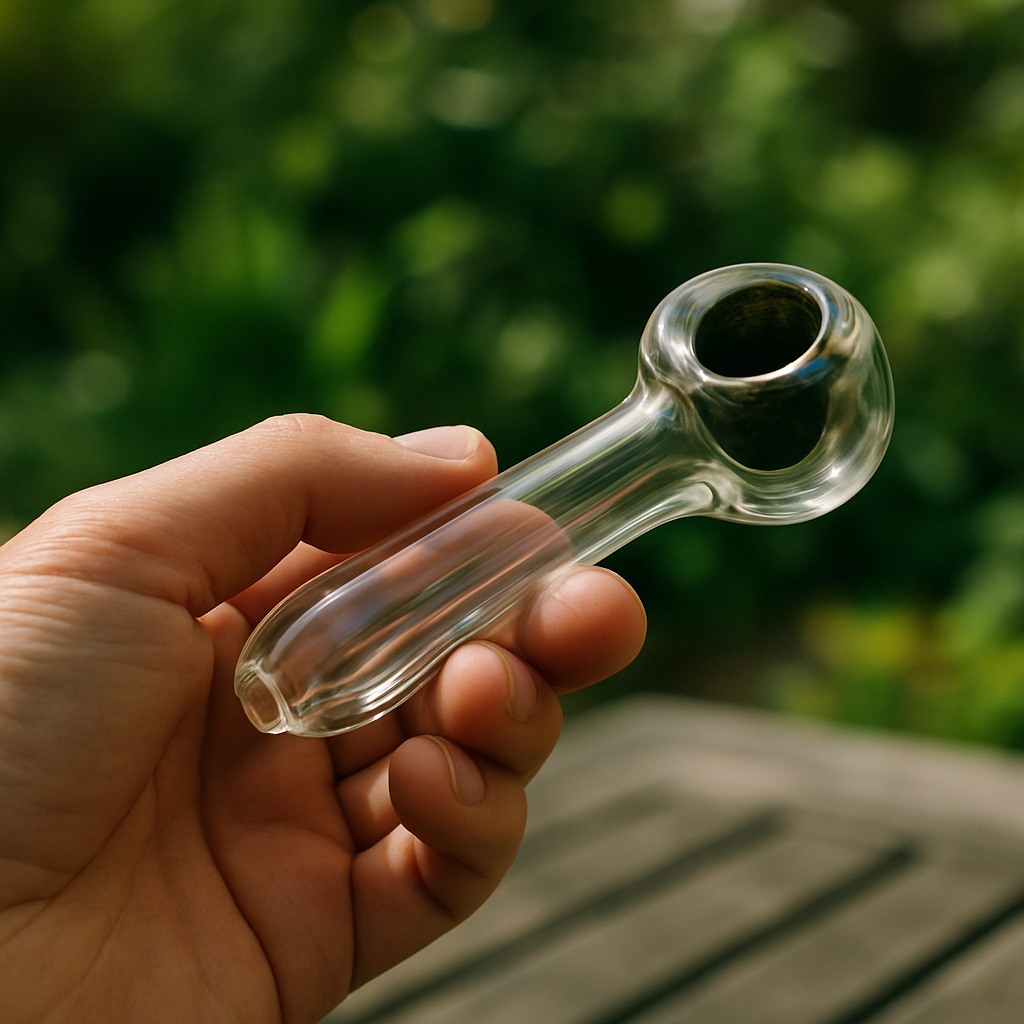 Close-up of a glass pipe as a sustainable eco friendly smoking accessory held over a garden background
