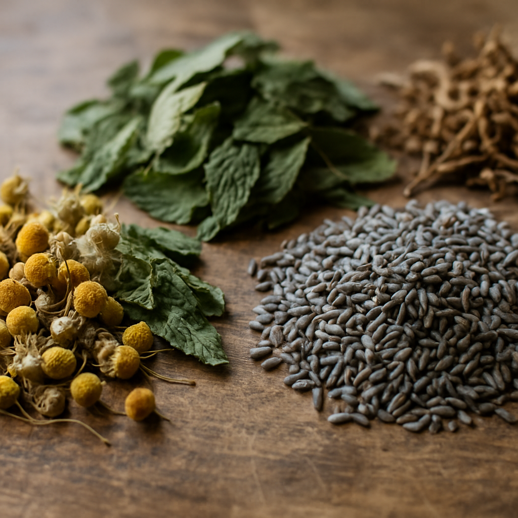 Close-up of dried herbs including chamomile and lavender used for blending herbal teas for stress relief