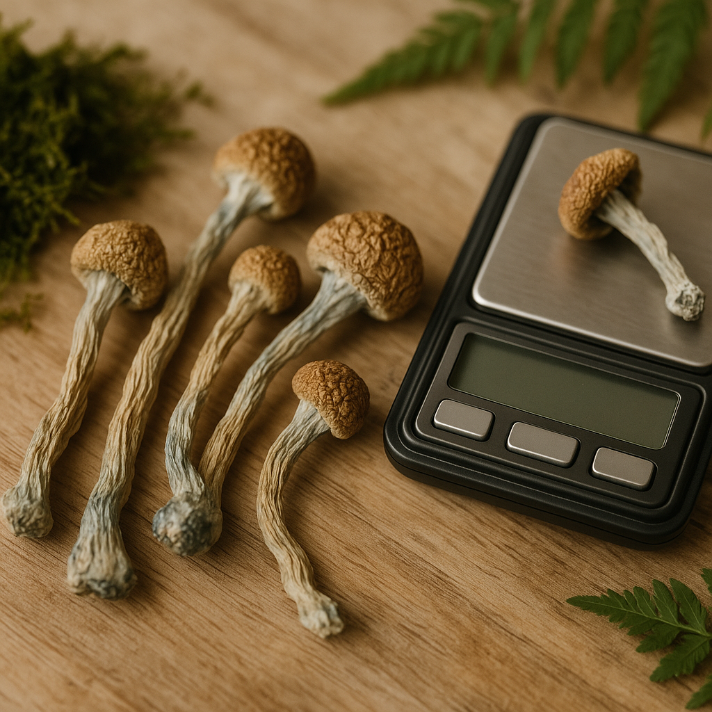 Close-up of dried mushrooms being weighed on a small scale representing mindful microdosing for wellness