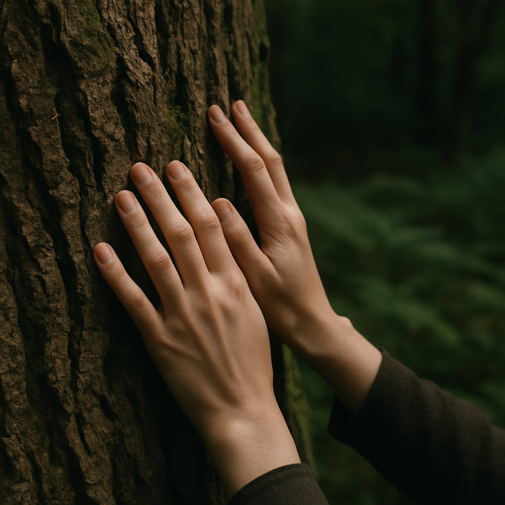Close-up of hands touching tree bark during a forest bathing session in a UK woodland