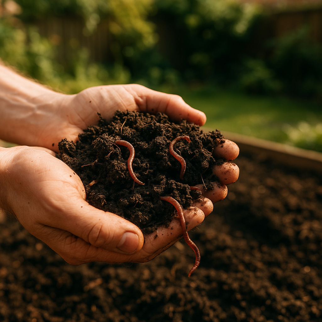 Close-up of healthy worm-rich compost soil, a key element of regenerative gardening for beginners