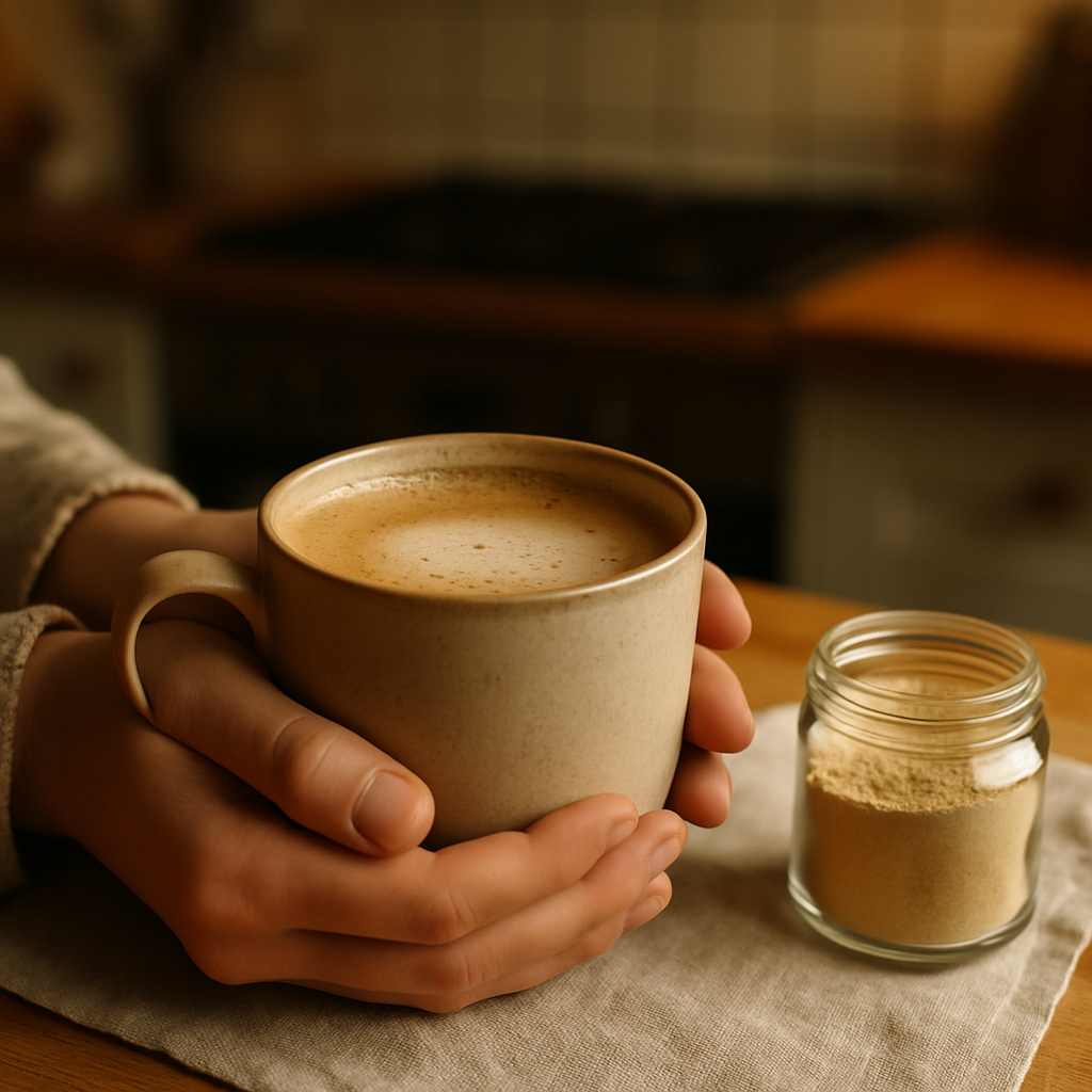 Hands holding a warm mushroom latte with lion's mane powder — one of the best adaptogens for stress relief