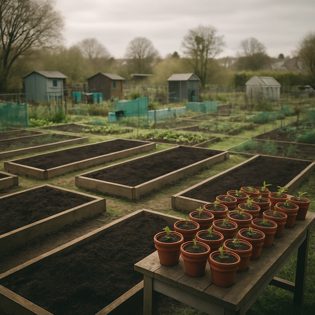 British allotment with raised beds filled with peat free compost for uk gardening