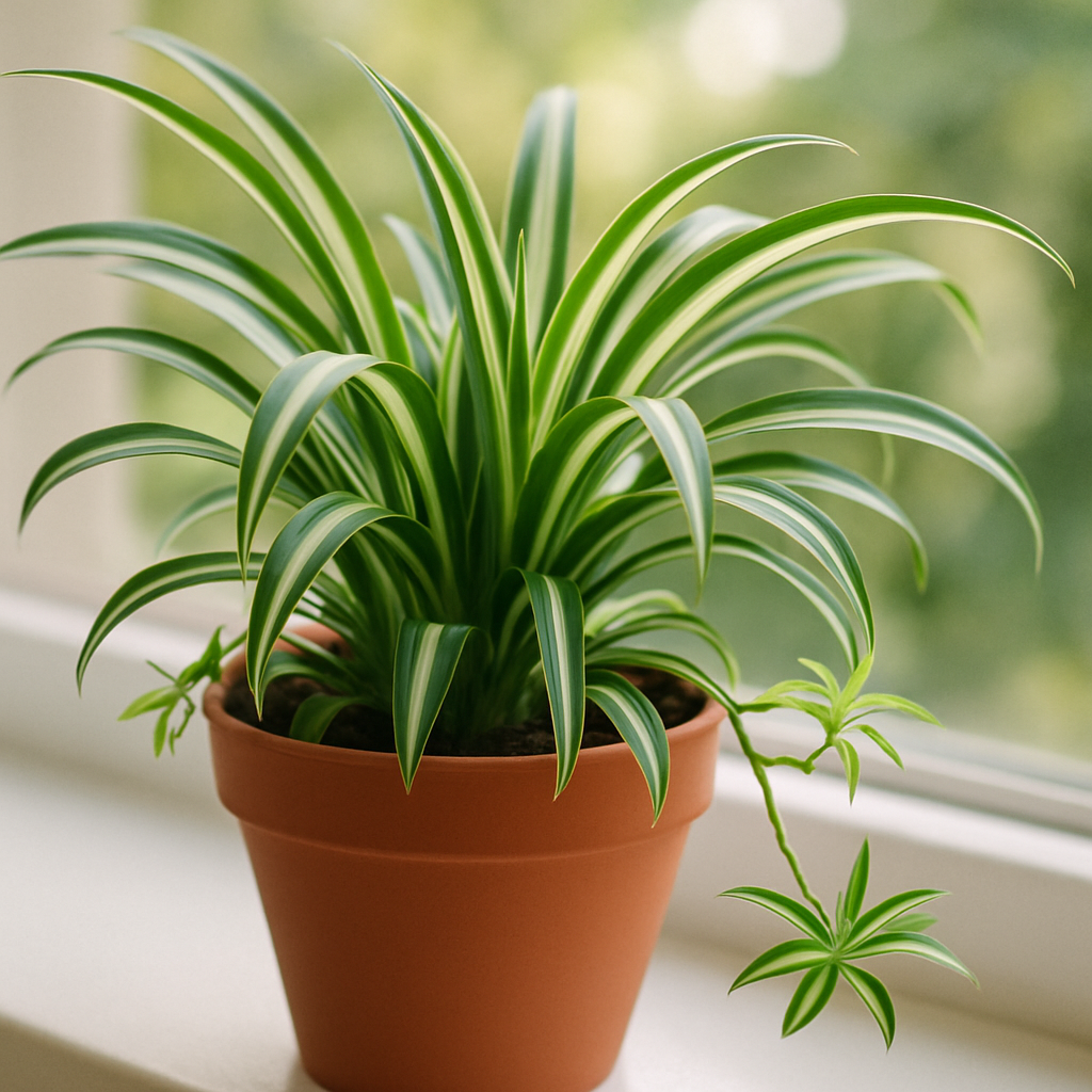 Close-up of a spider plant, one of the best houseplants for air quality, in a terracotta pot