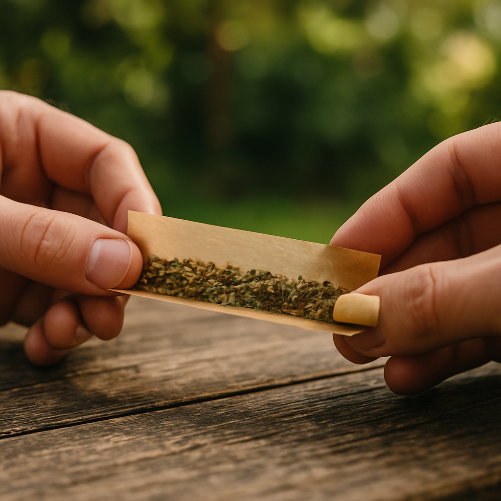 Close-up of hands using hemp rolling paper, a key zero waste smoking accessory