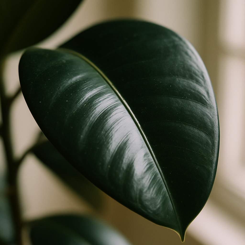 Close-up of rubber plant leaf, one of the best low maintenance air purifying indoor plants