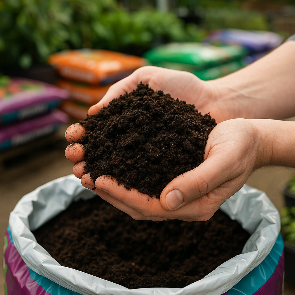Hands holding peat free compost in a UK garden centre setting